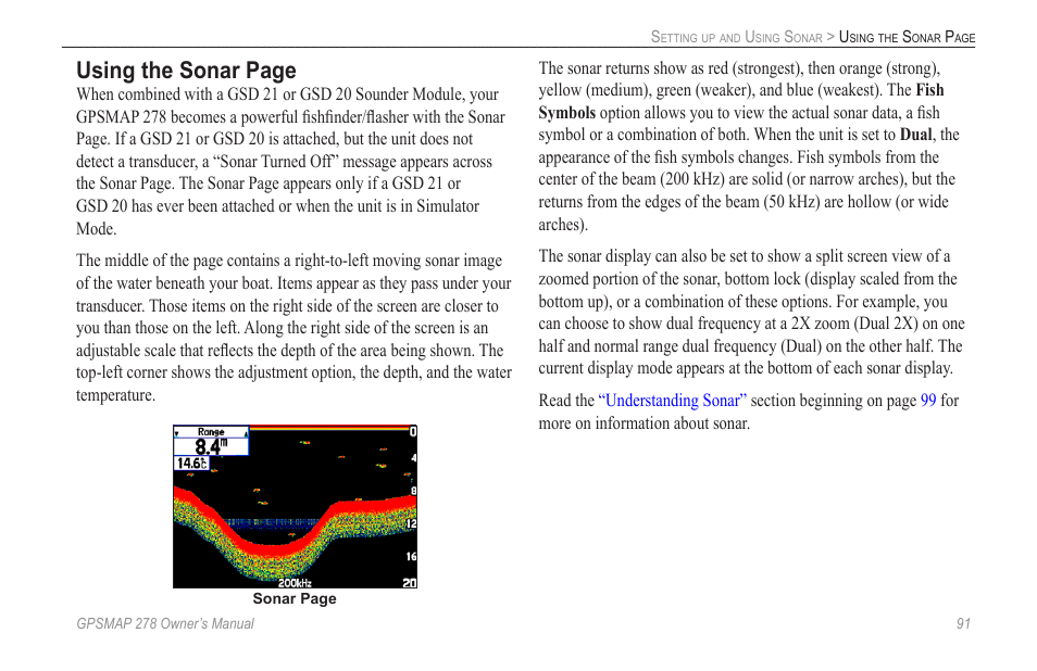 Using the sonar page | Garmin GPSMAP 278 User Manual | Page 99 / 138