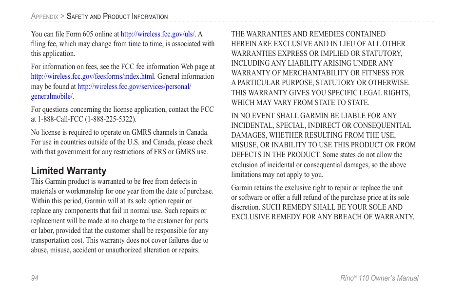 Limited warranty | Garmin 110 User Manual | Page 100 / 110