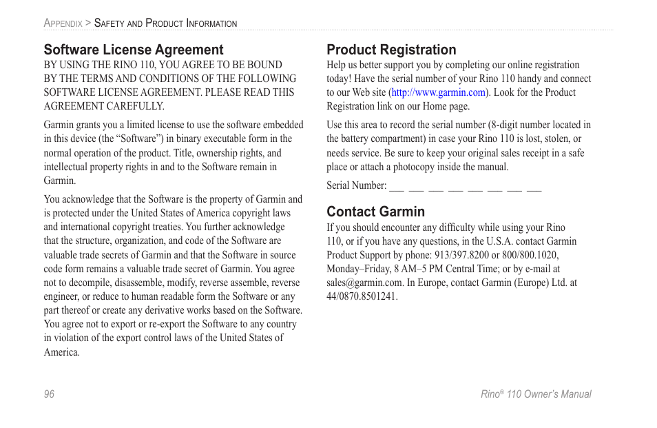 Software license agreement, Product registration, Contact garmin | Garmin 110 User Manual | Page 102 / 110