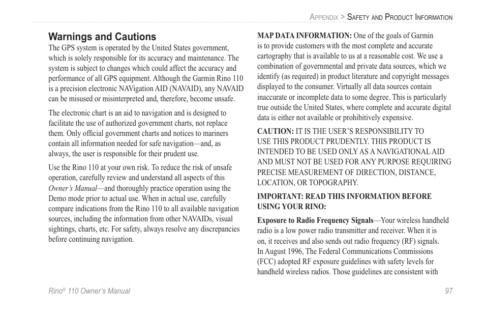 Warnings and cautions | Garmin 110 User Manual | Page 103 / 110