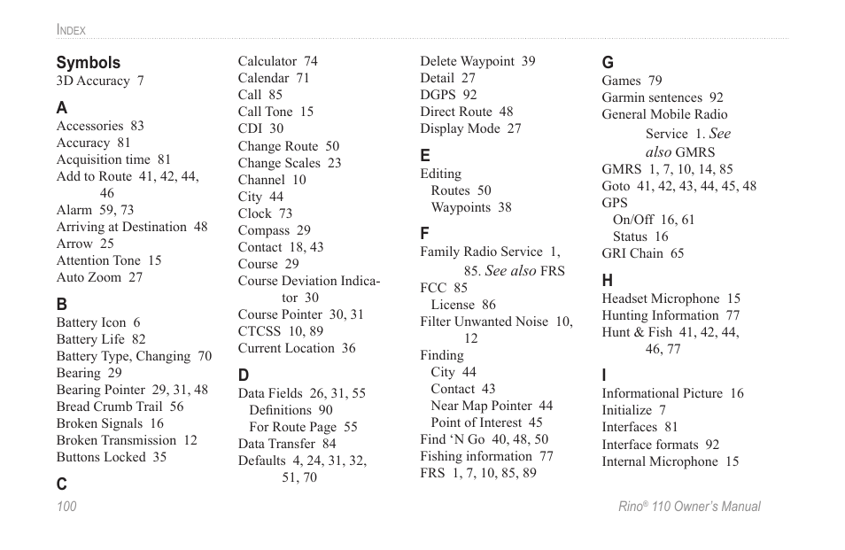 Index | Garmin 110 User Manual | Page 106 / 110