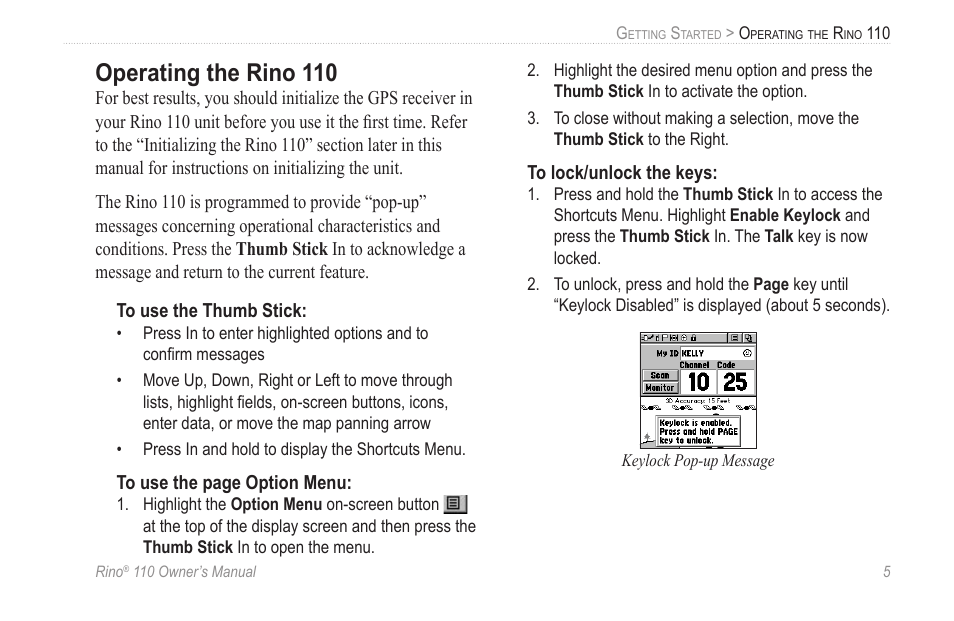 Operating the rino 110 | Garmin 110 User Manual | Page 11 / 110