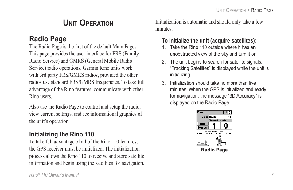 Unit operation, Initializing the rino 110, Radio page | Garmin 110 User Manual | Page 13 / 110