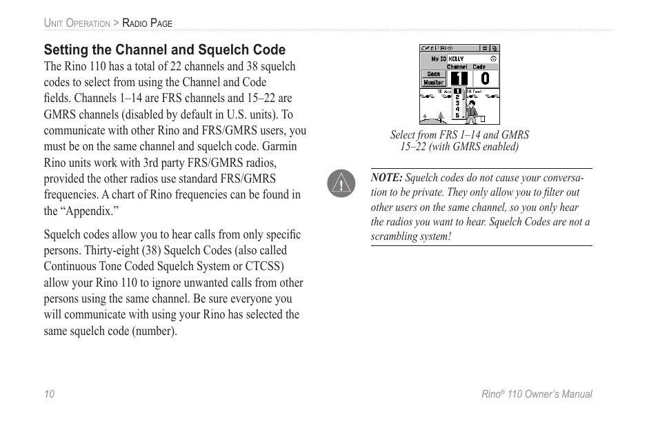 Setting the channel and squelch code | Garmin 110 User Manual | Page 16 / 110