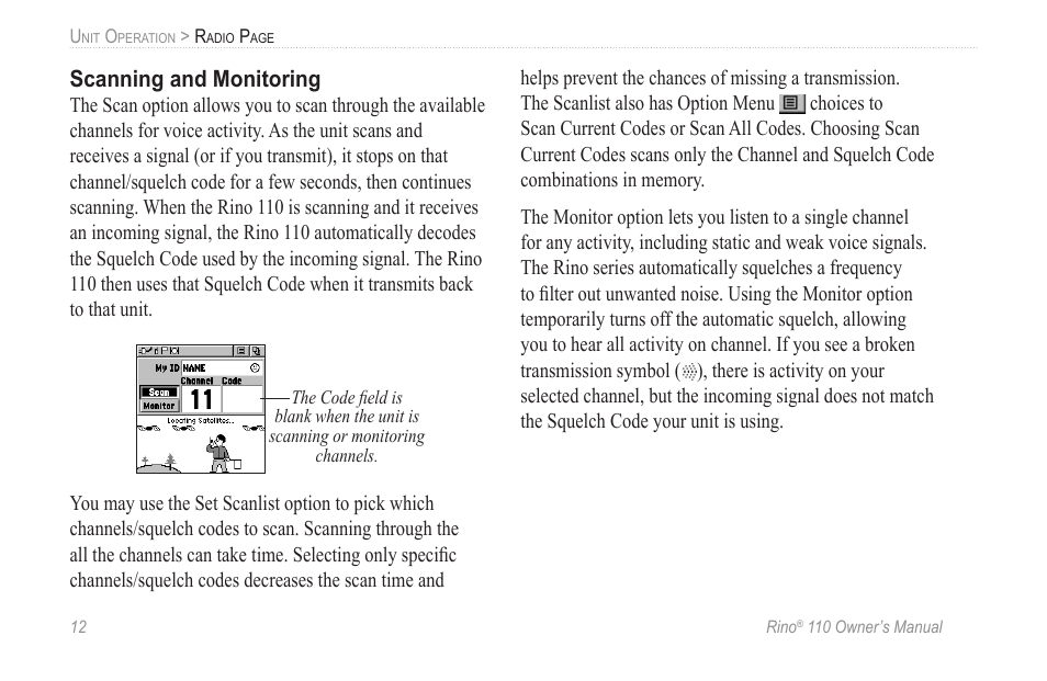 Scanning and monitoring | Garmin 110 User Manual | Page 18 / 110