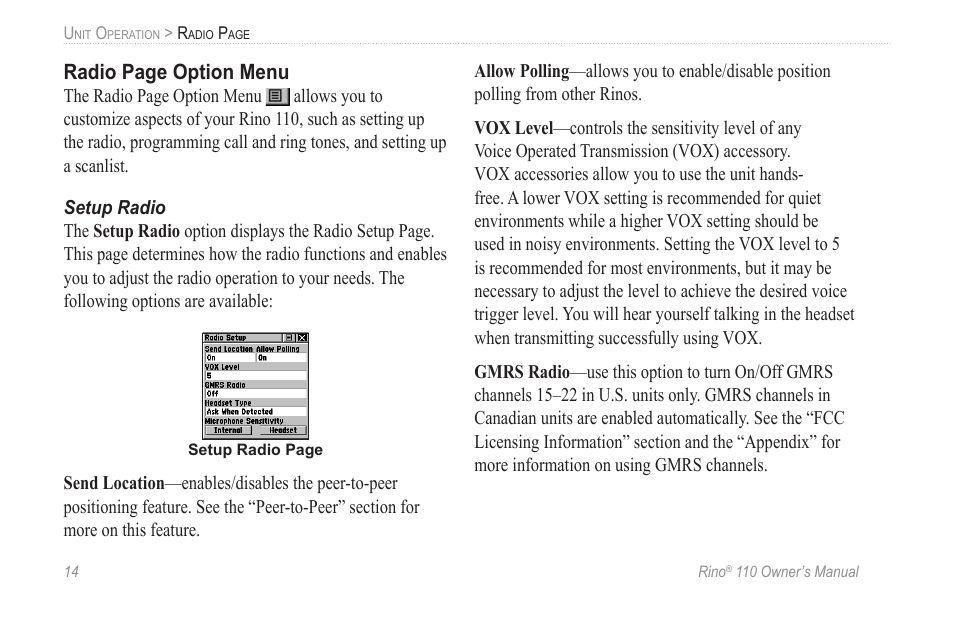 Setup radio | Garmin 110 User Manual | Page 20 / 110