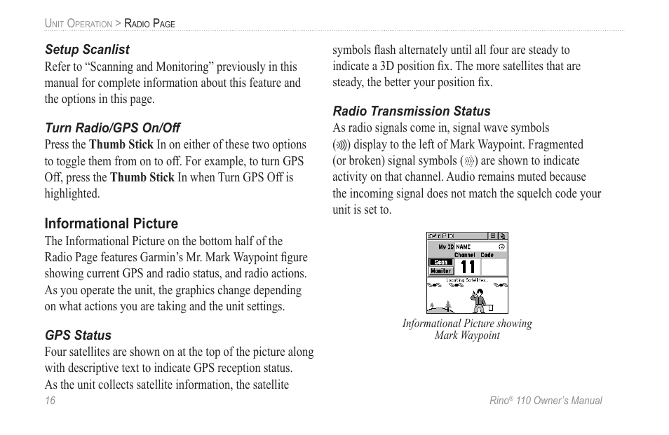 Setup scanlist, Turn radio/gps on/off, Informational picture | Gps status, Radio transmission status | Garmin 110 User Manual | Page 22 / 110