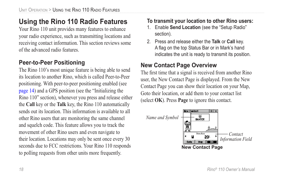 Using the rino 110 radio features, Peer-to-peer positioning | Garmin 110 User Manual | Page 24 / 110