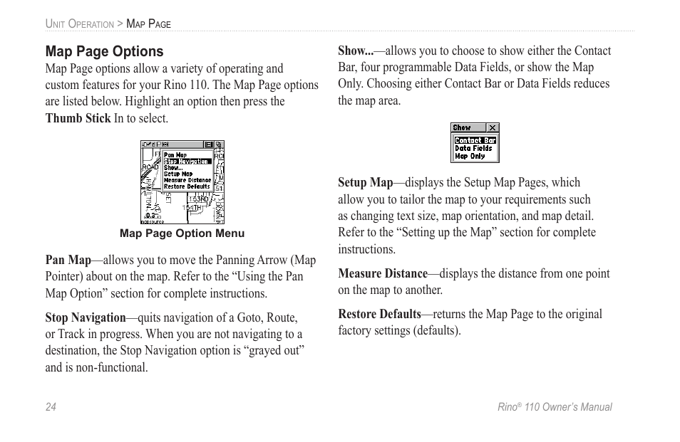 Map page options | Garmin 110 User Manual | Page 30 / 110