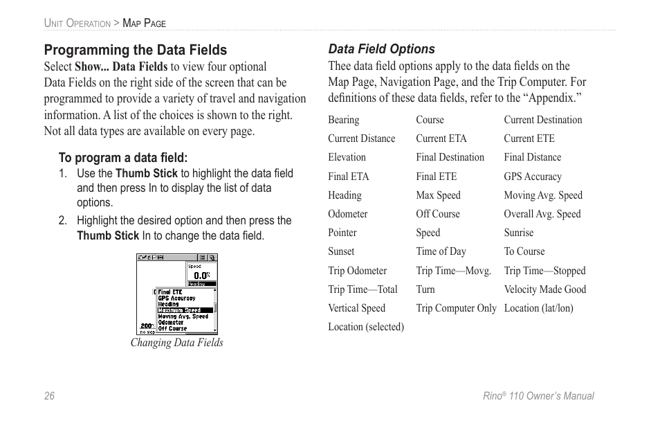 Programming the data fields, Data field options | Garmin 110 User Manual | Page 32 / 110