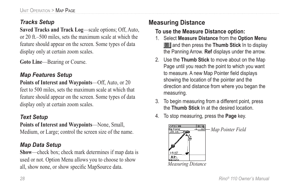 Tracks setup, Map features setup, Text setup | Map data setup, Measuring distance | Garmin 110 User Manual | Page 34 / 110