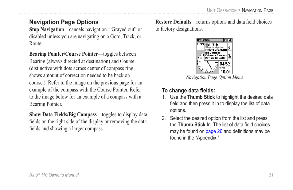 Navigation page options | Garmin 110 User Manual | Page 37 / 110