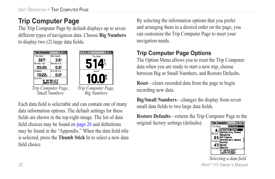 Trip computer page | Garmin 110 User Manual | Page 38 / 110