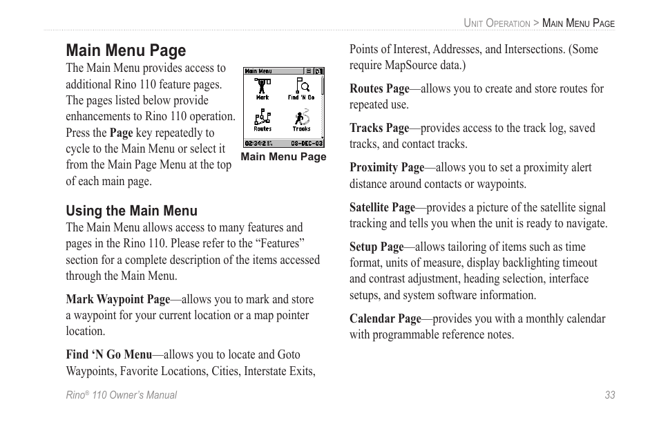 Using the main menu, Main menu page | Garmin 110 User Manual | Page 39 / 110