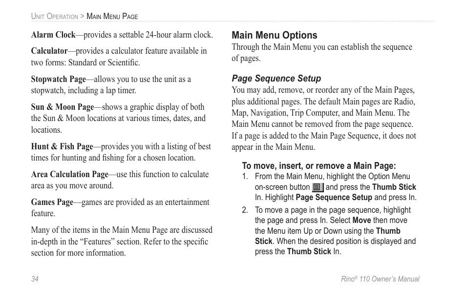 Main menu options | Garmin 110 User Manual | Page 40 / 110