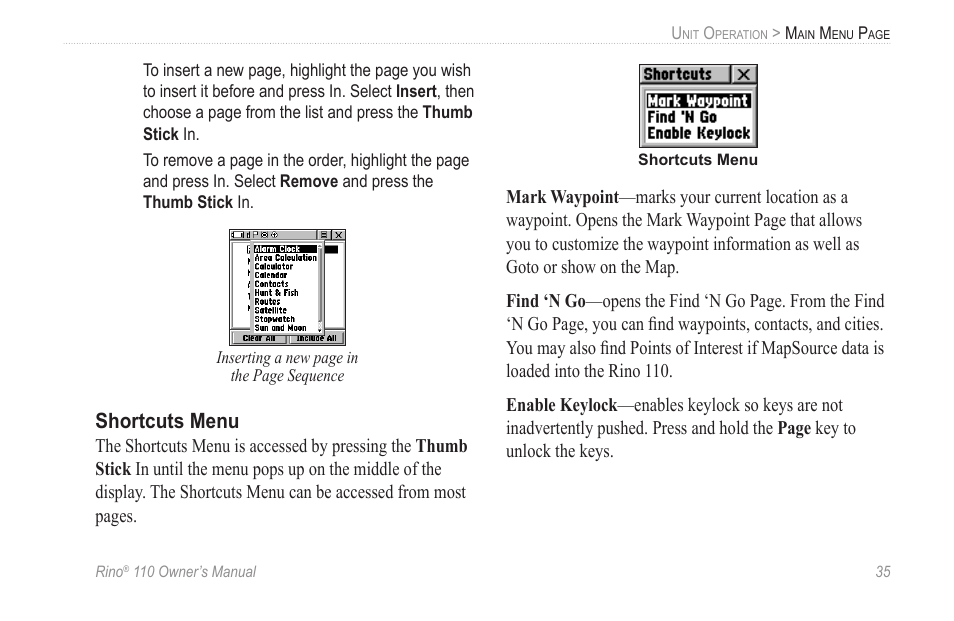 Shortcuts menu | Garmin 110 User Manual | Page 41 / 110