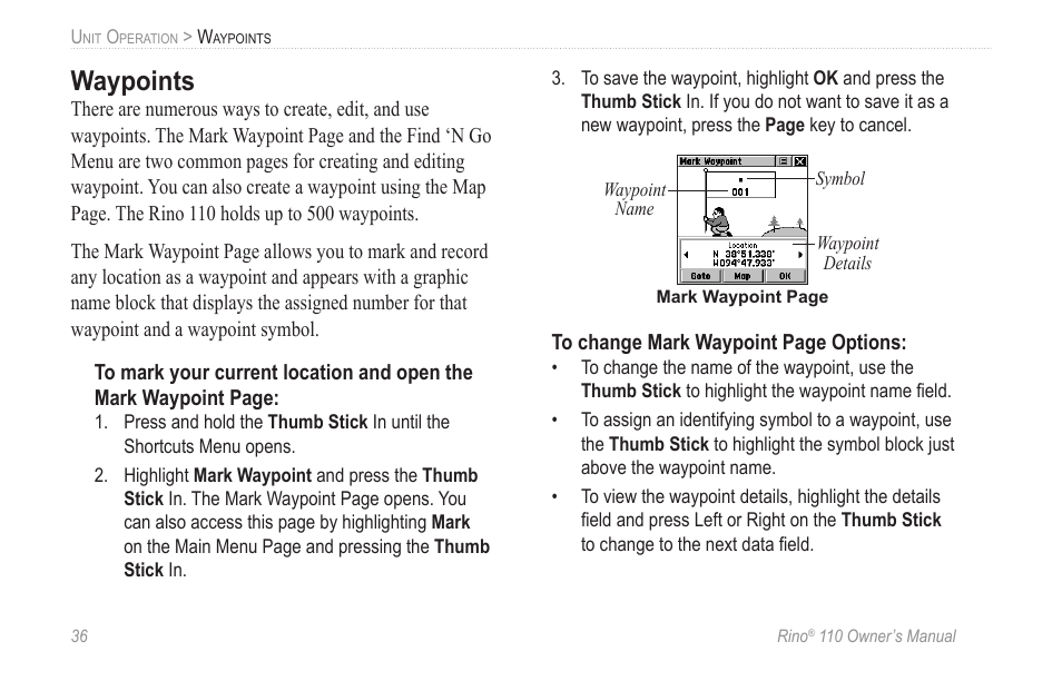 Waypoints | Garmin 110 User Manual | Page 42 / 110