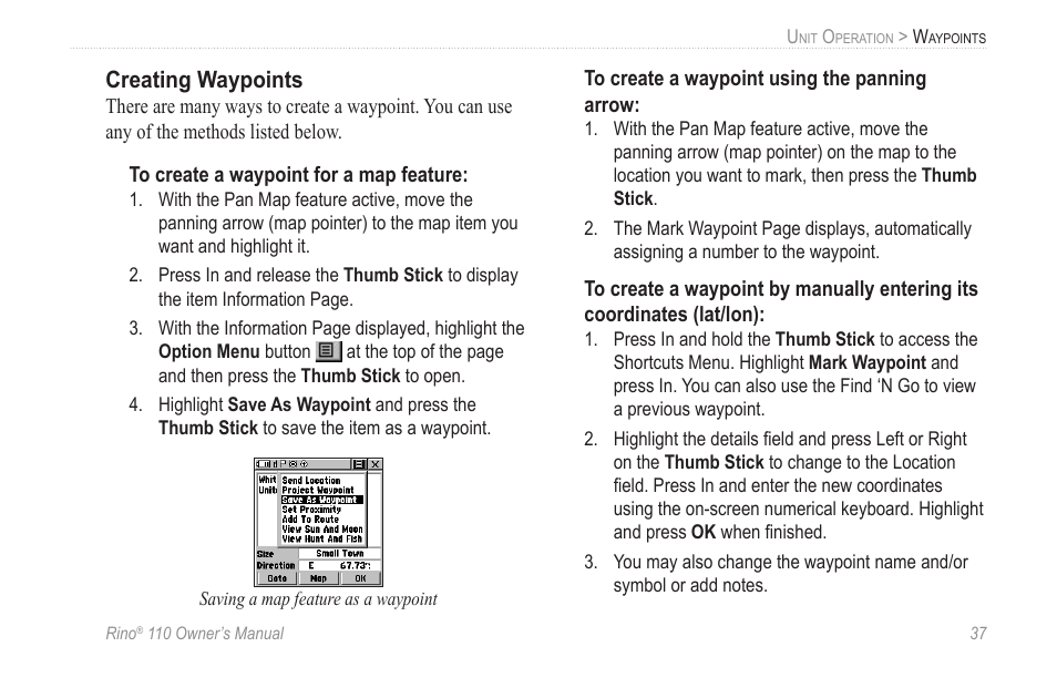 Creating waypoints | Garmin 110 User Manual | Page 43 / 110