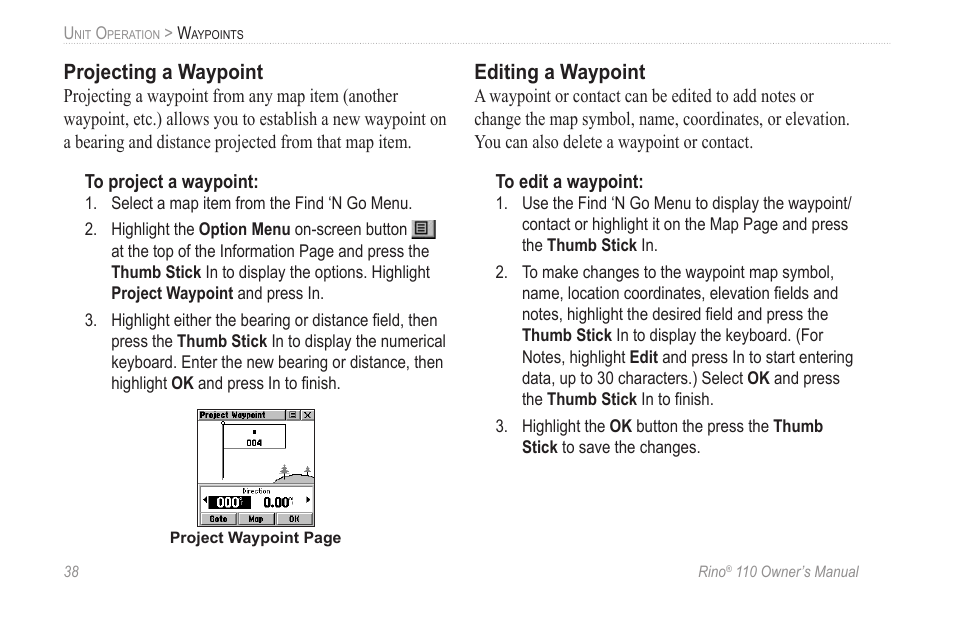 Projecting a waypoint, Editing a waypoint | Garmin 110 User Manual | Page 44 / 110