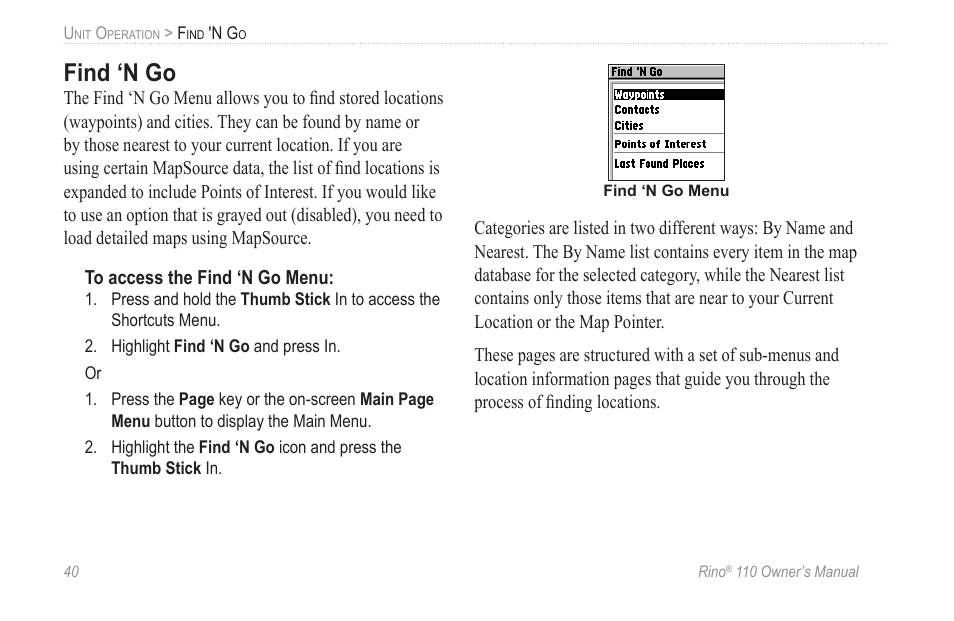 Find ‘n go | Garmin 110 User Manual | Page 46 / 110