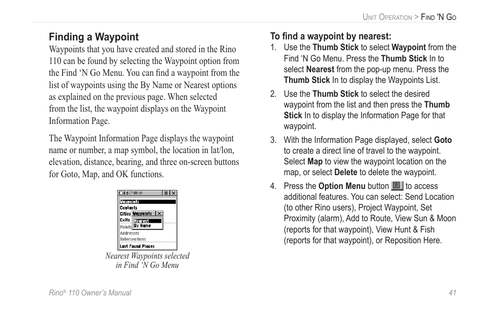 Finding a waypoint | Garmin 110 User Manual | Page 47 / 110