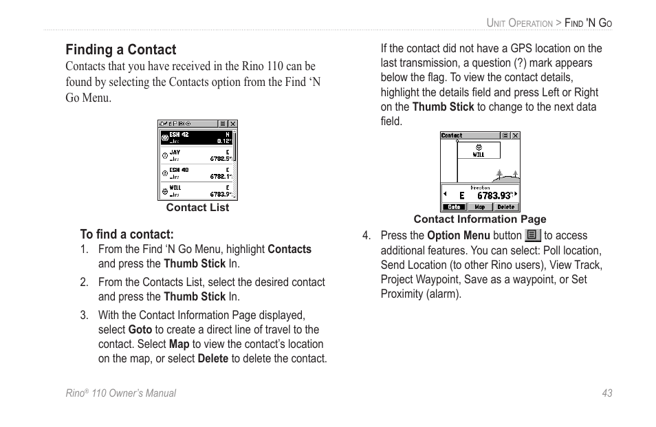 Finding a contact | Garmin 110 User Manual | Page 49 / 110