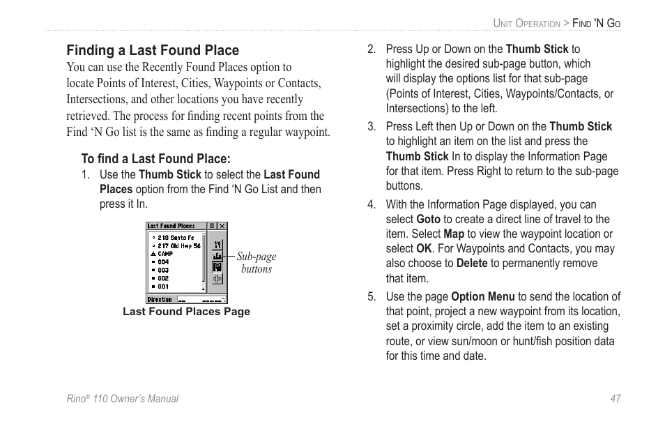 Finding a last found place | Garmin 110 User Manual | Page 53 / 110