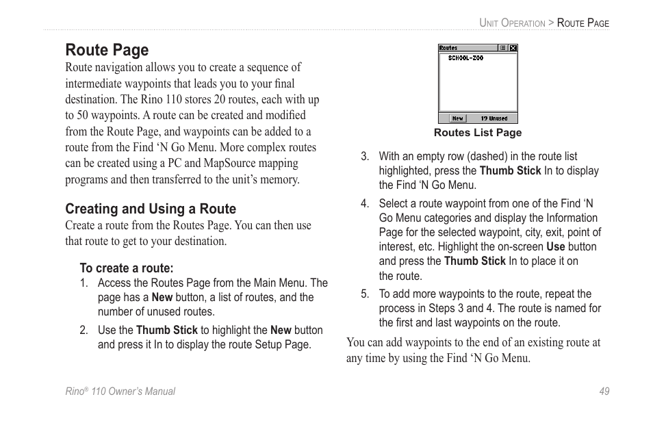 Creating and using a route, Route page | Garmin 110 User Manual | Page 55 / 110