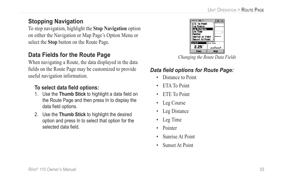 Stopping navigation, Data fields for the route page | Garmin 110 User Manual | Page 61 / 110