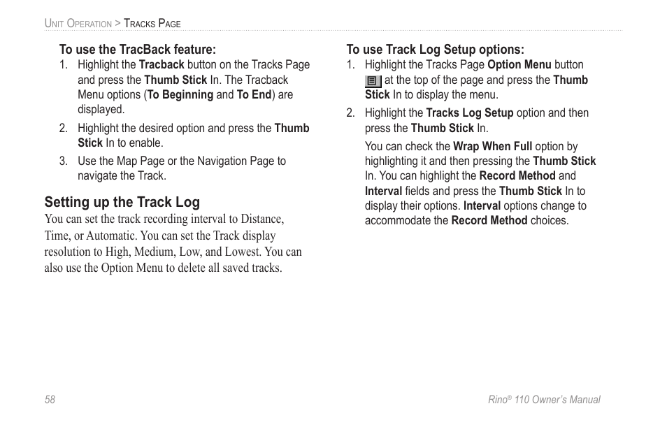 Setting up the track log | Garmin 110 User Manual | Page 64 / 110