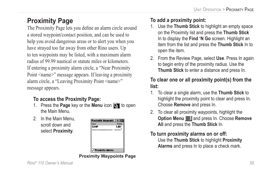 Proximity page | Garmin 110 User Manual | Page 65 / 110