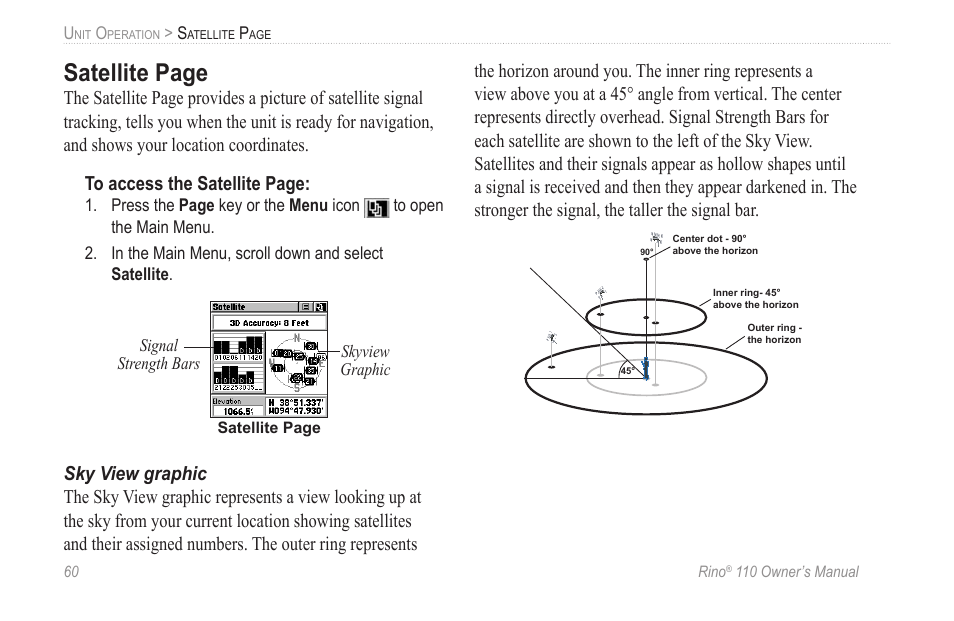 Sky view graphic, Satellite page | Garmin 110 User Manual | Page 66 / 110