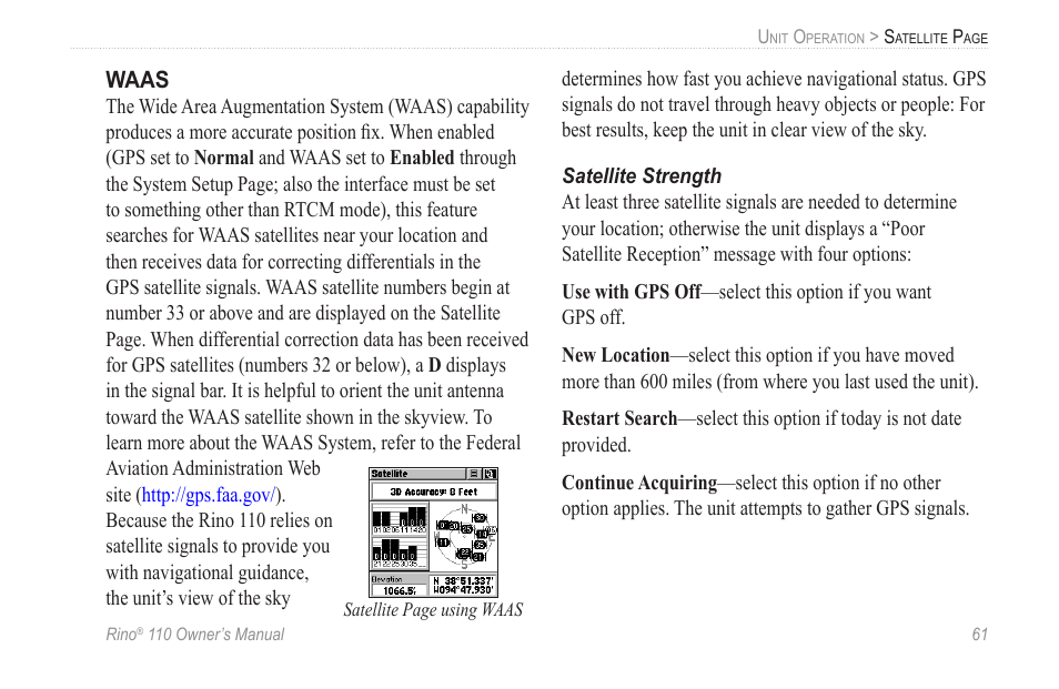 Waas, Satellite strength | Garmin 110 User Manual | Page 67 / 110