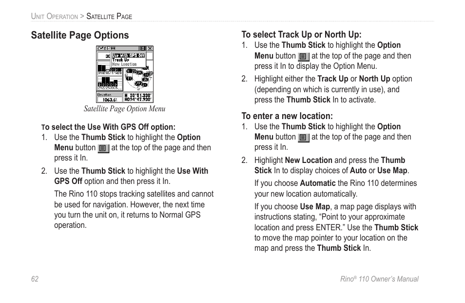 Satellite page options | Garmin 110 User Manual | Page 68 / 110