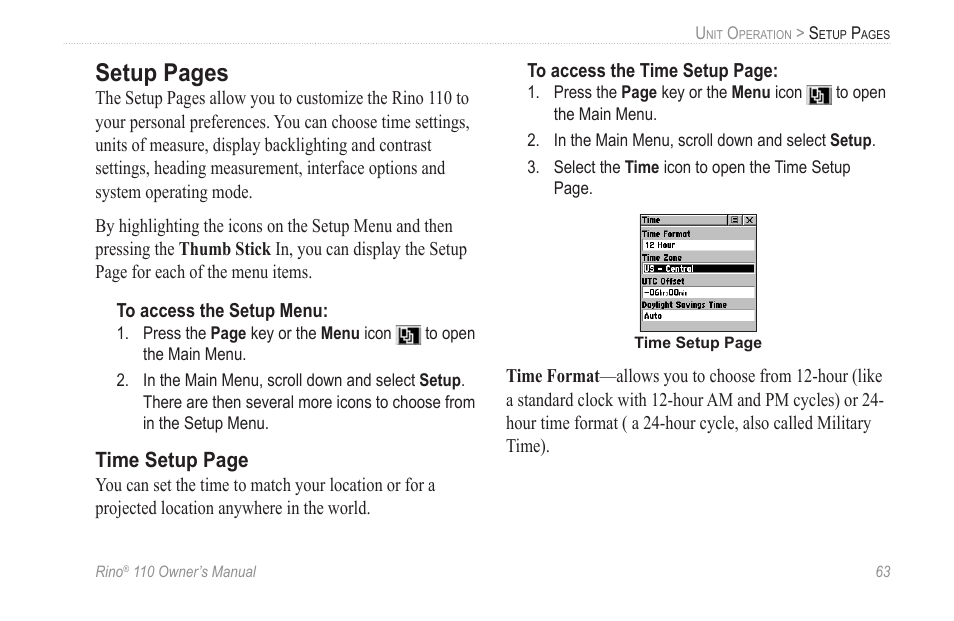 Setup pages | Garmin 110 User Manual | Page 69 / 110