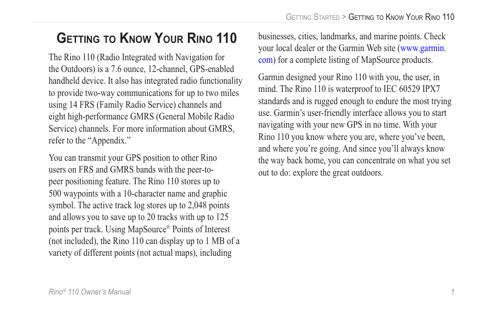 Getting to know your rino 110 | Garmin 110 User Manual | Page 7 / 110