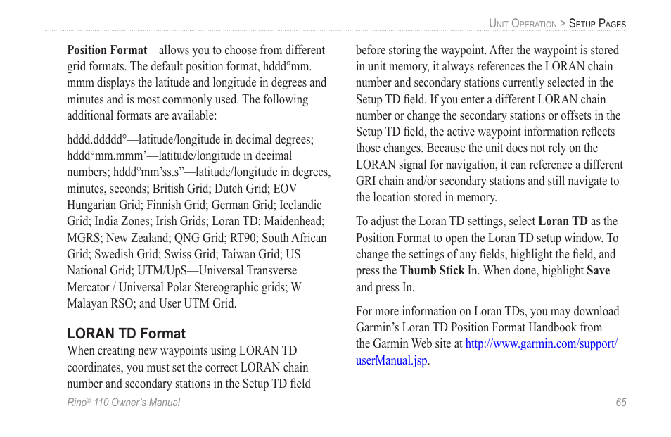 Loran td format | Garmin 110 User Manual | Page 71 / 110