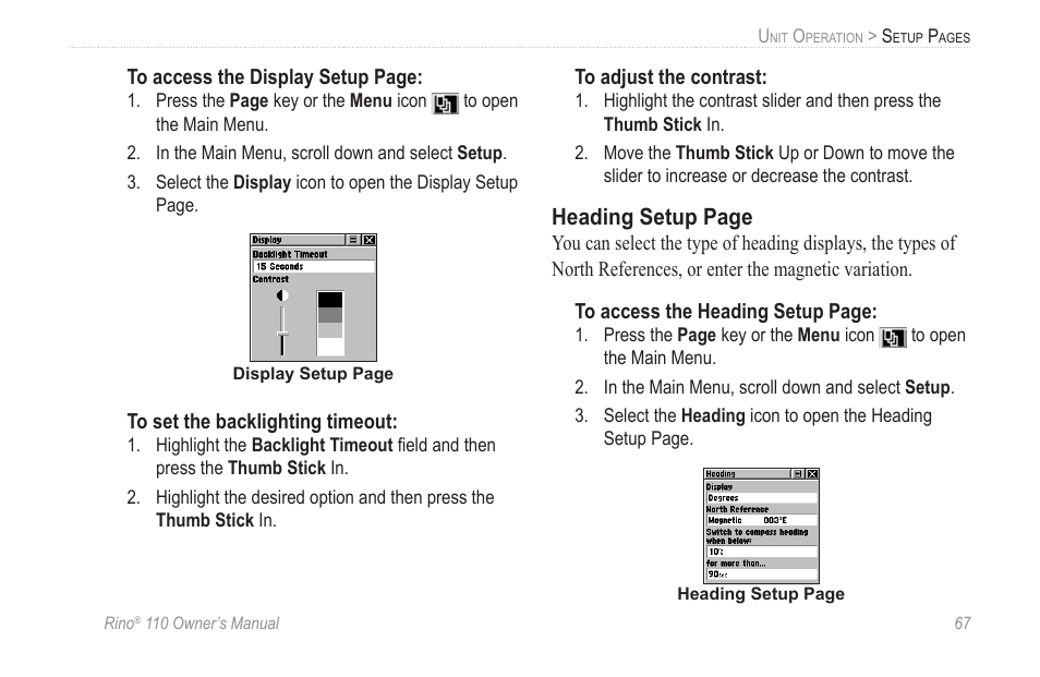 Heading setup page | Garmin 110 User Manual | Page 73 / 110