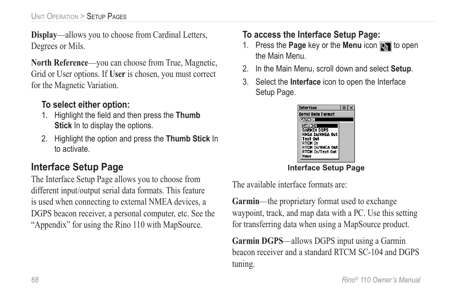 Interface setup page | Garmin 110 User Manual | Page 74 / 110