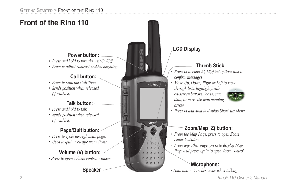 Front of the rino 110 | Garmin 110 User Manual | Page 8 / 110