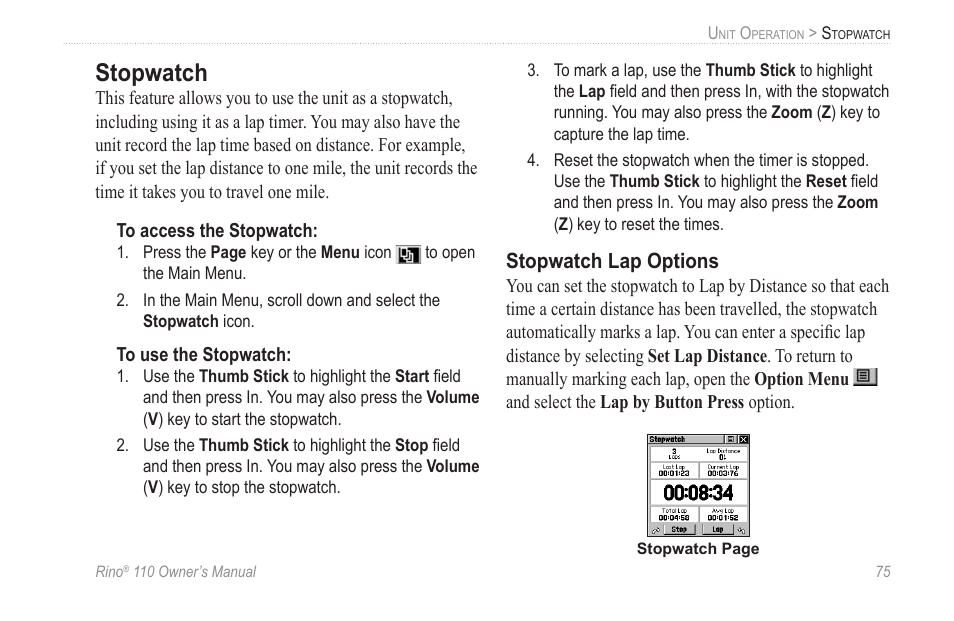 Stopwatch, Stopwatch lap options | Garmin 110 User Manual | Page 81 / 110