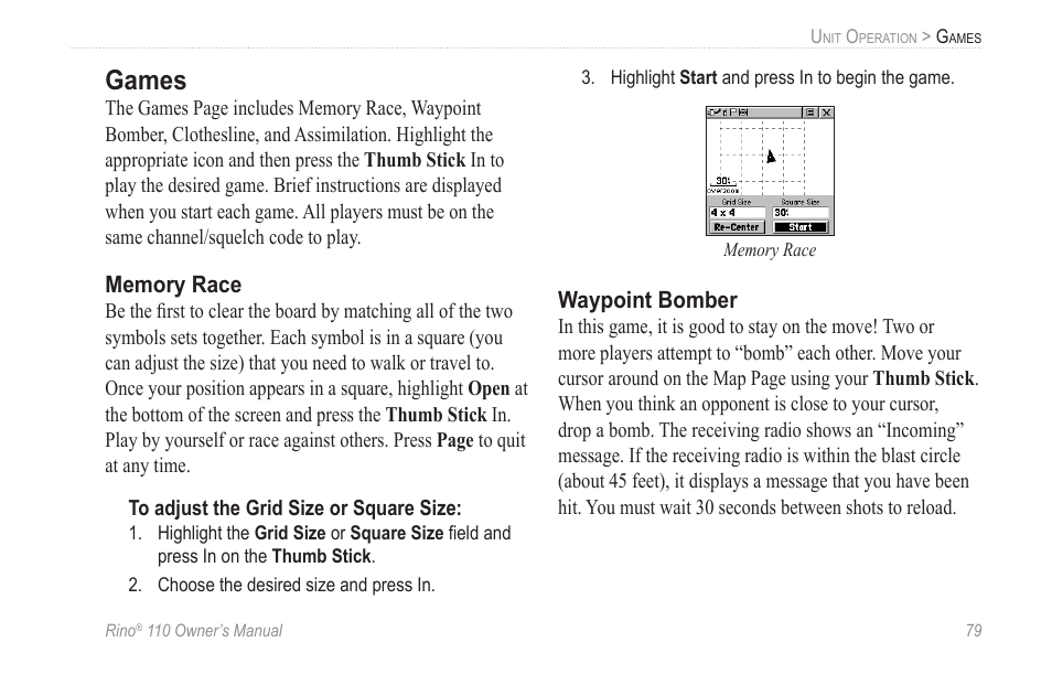 Games, Memory race, Waypoint bomber | Garmin 110 User Manual | Page 85 / 110