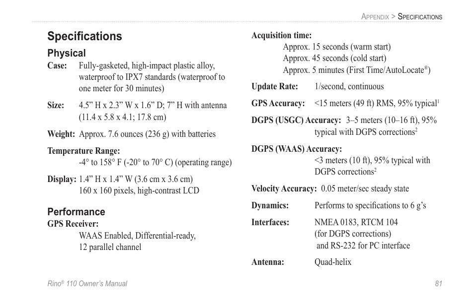 Specifications, Physical, Performance | Speciﬁcations | Garmin 110 User Manual | Page 87 / 110