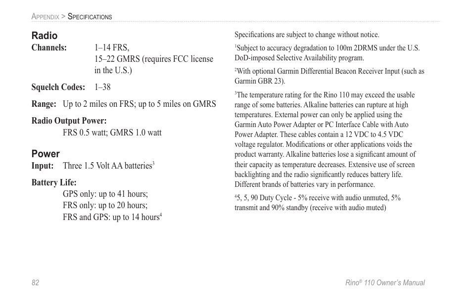 Radio, Power | Garmin 110 User Manual | Page 88 / 110