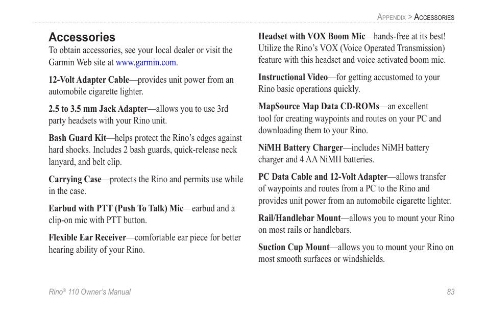 Accessories | Garmin 110 User Manual | Page 89 / 110