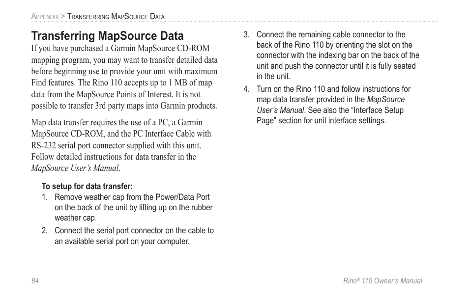 Transferring mapsource data | Garmin 110 User Manual | Page 90 / 110