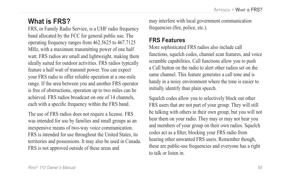 What is frs, Frs features | Garmin 110 User Manual | Page 91 / 110