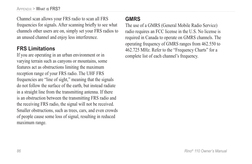 Frs limitations, Gmrs | Garmin 110 User Manual | Page 92 / 110