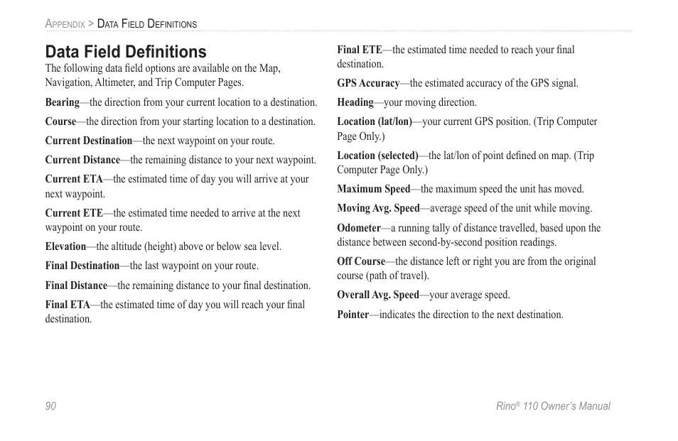 Appendix, Data field definitions, Data field deﬁnitions | Garmin 110 User Manual | Page 96 / 110