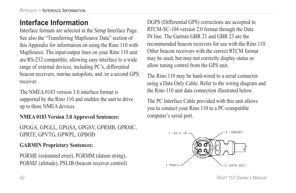 Interface information | Garmin 110 User Manual | Page 98 / 110